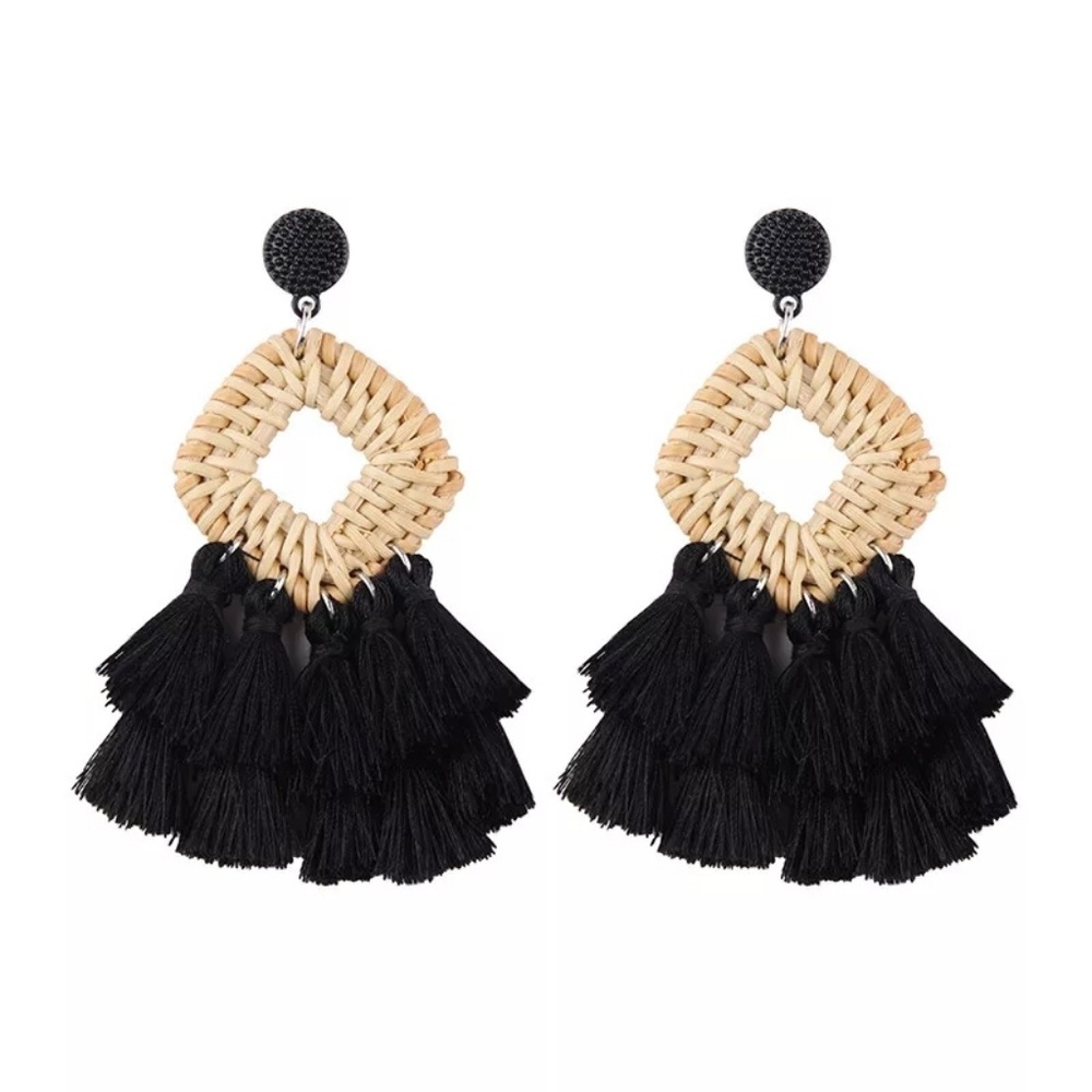 New Wooden Rattan Geometric Tassel Earrings - Picture 4 of 8